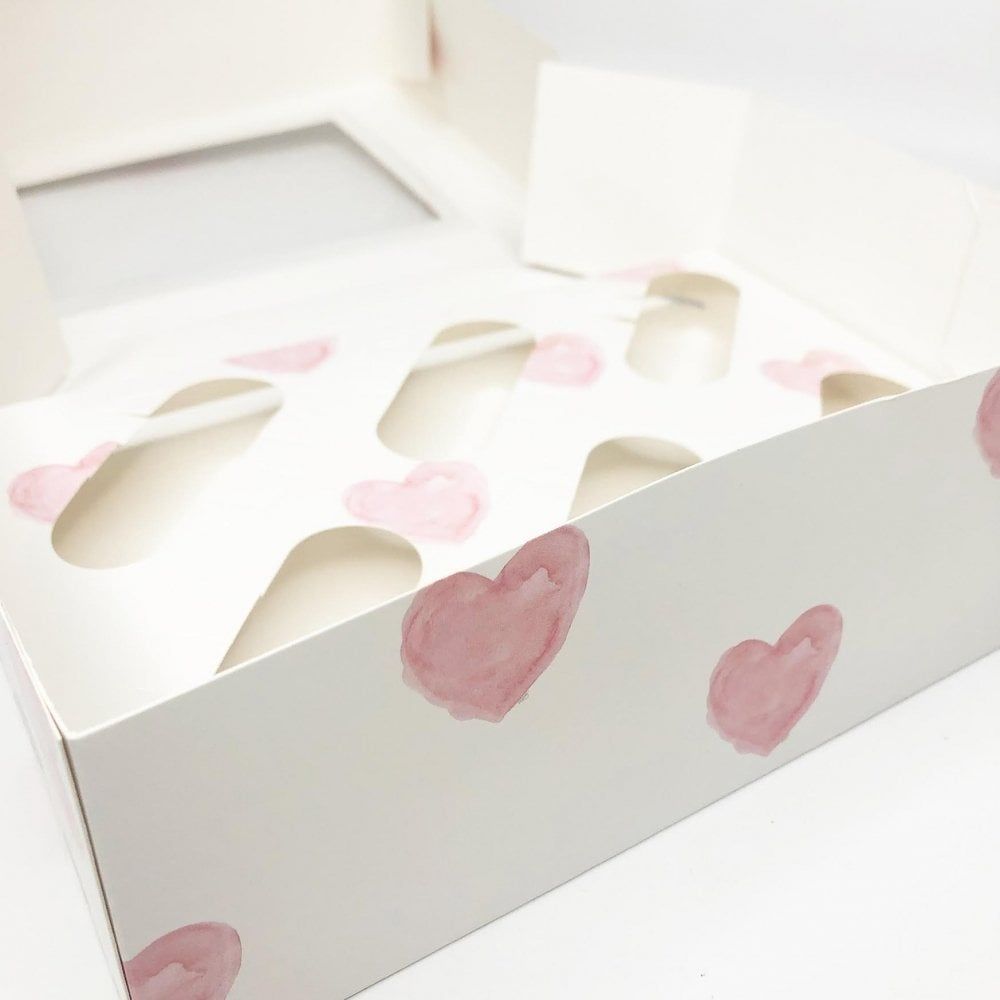 Purple Cupcakes Cupcake Box - WHITE with PASTEL PINK HEARTS for 6 cupcakes