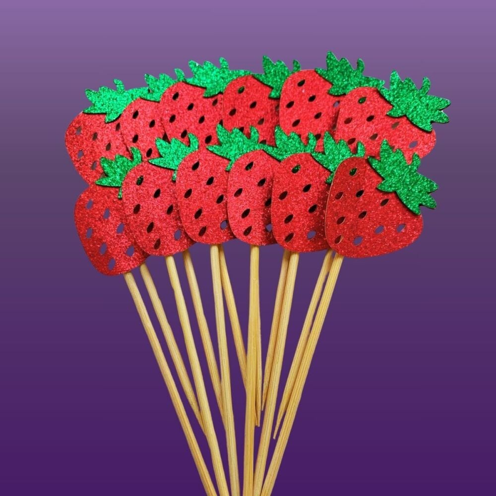 Glitter Strawberries Cupcake Pick Toppers (Pack of 12)