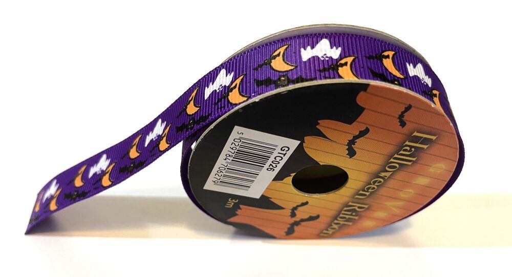 Halloween Patterned Ribbon : 15mm x 3mtrs - Ghosts/Bats