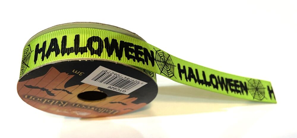 Halloween Patterned Ribbon : 15mm x 3mtrs - Green Halloween/Cobweb
