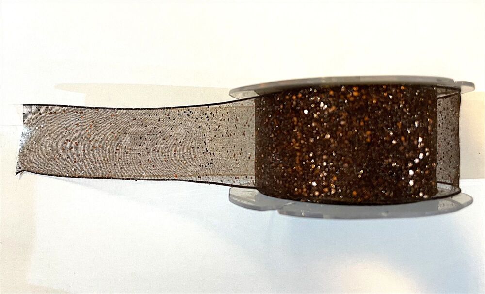 Premium Wired Edge Ribbon 40mm x 5mtrs:  Glitter - Dark Brown
