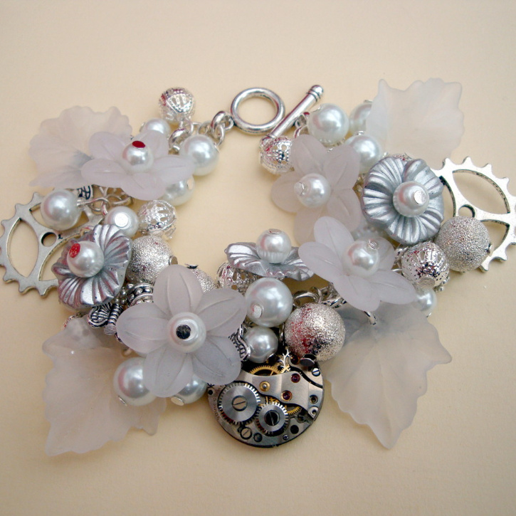 Steampunk bride bracelet - watch movement, cogs, pearls, flowers
