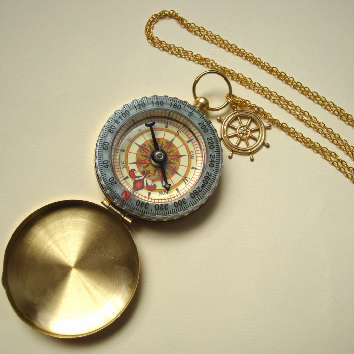 Golden compass necklace on long chain PN136