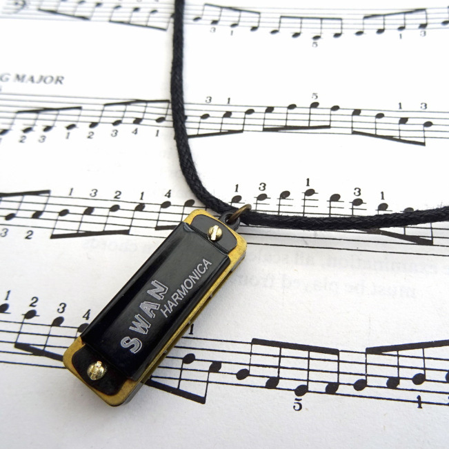 Mini harmonica necklace on black cotton cord MN024