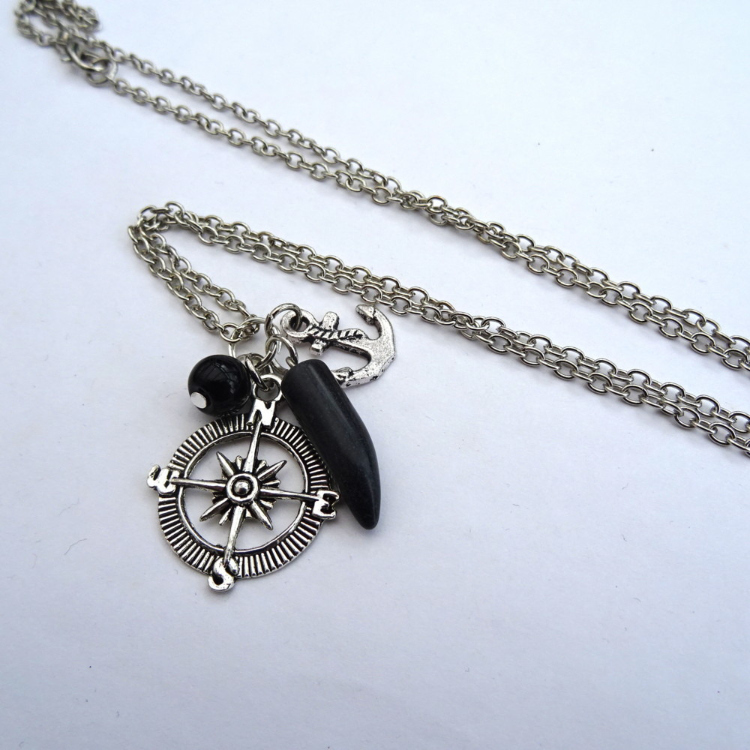 Black onyx tusk, compass & anchor charm necklace MN026