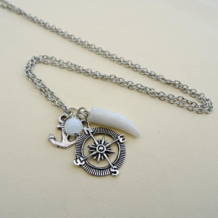 White quartz tusk, compass & anchor charm necklace MN027