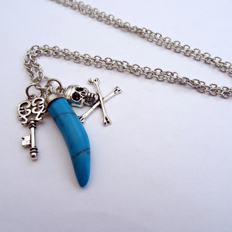 Turquoise tusk, key and skull & crossbones charm necklace MN028