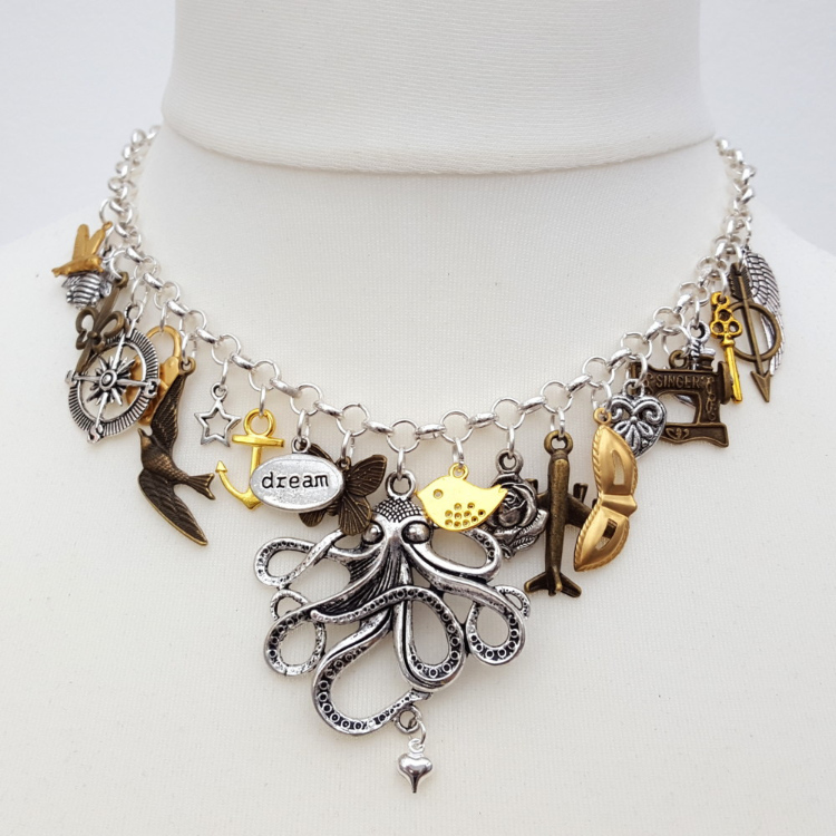 Statement charm necklace in silver, brass and bronze CN089