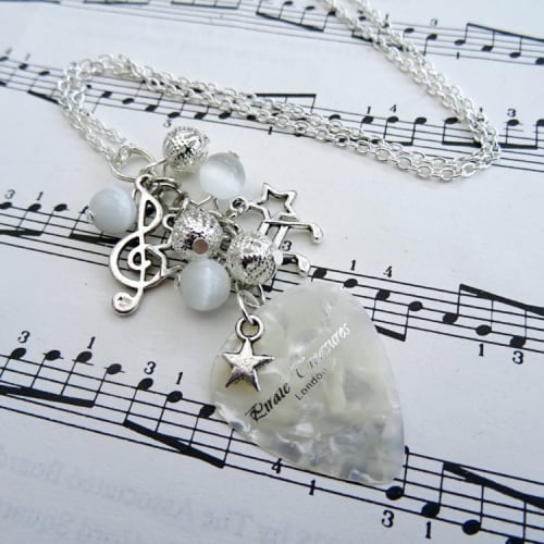 Rock'n'Roll Star plectrum charm necklace in white CN091