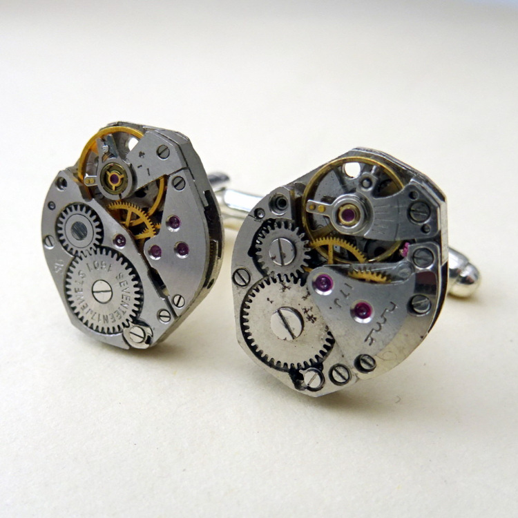 Steampunk cufflinks with watch movements