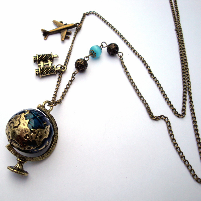 Globe travel charm necklace with plane and binoculars