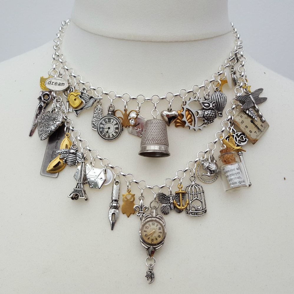 Statement charm necklace vintage assemblage Junkyard Angel collection VN114