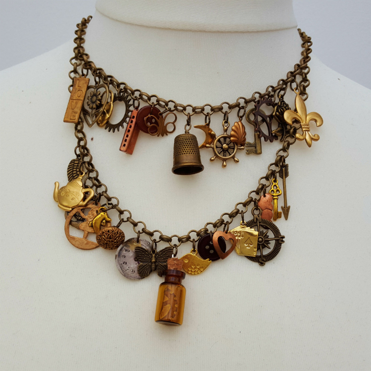 Statement charm necklace vintage assemblage bronze & brass Junkyard Angel collection VN115