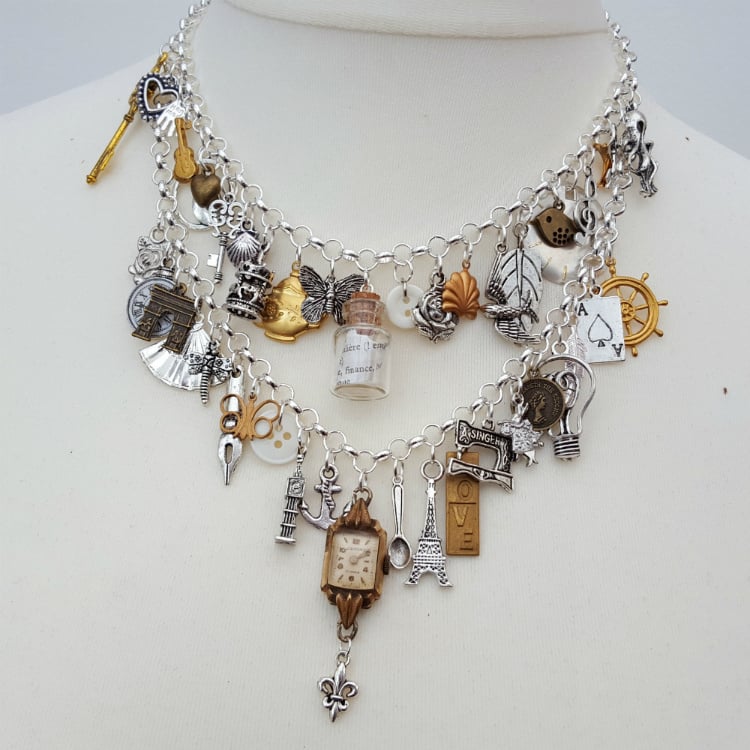 Statement charm necklace silver vintage assemblage Junkyard Angel collectio