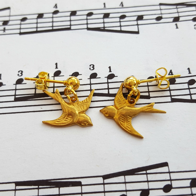 Brass swallow bird earrings on gold plated studs VE055