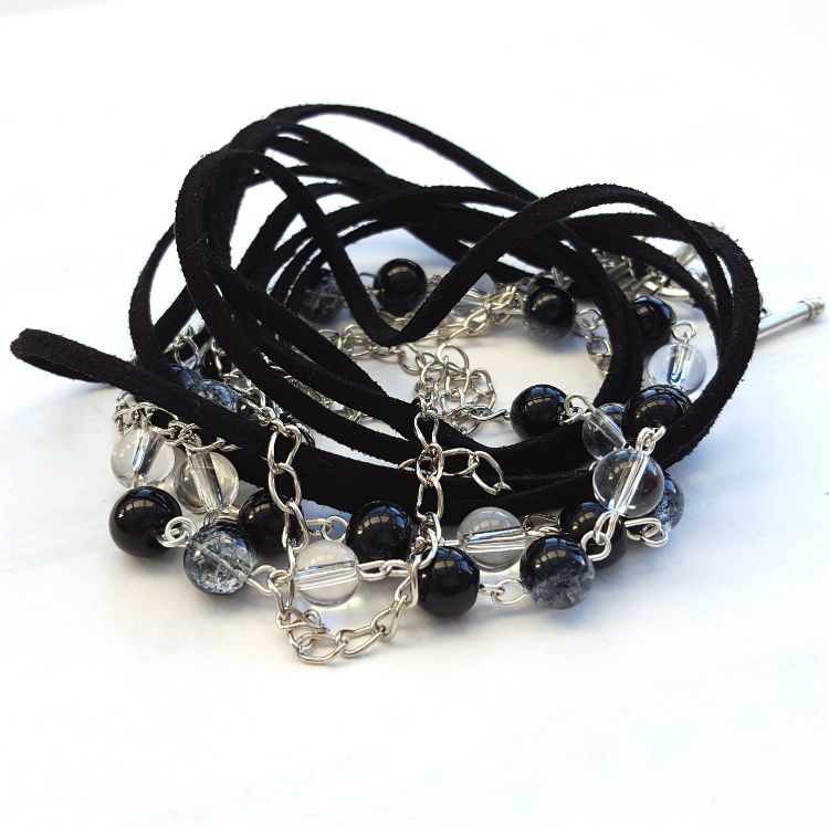 Wrap bracelet with black faux suede, chain and beads CB002
