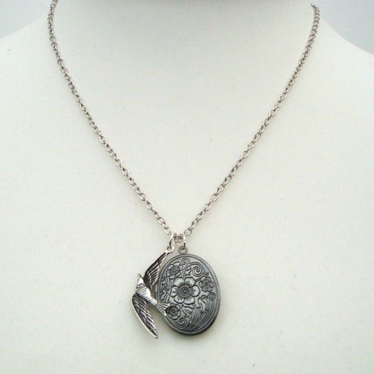 Antique silver locket and bird necklace VN117