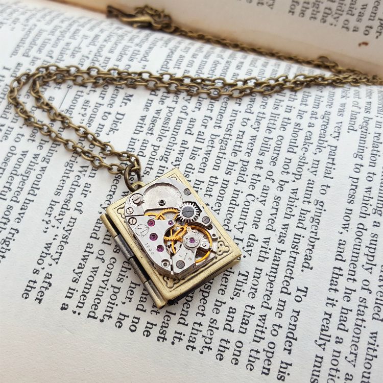 Steampunk necklace with watch movement on brass book locket SN126