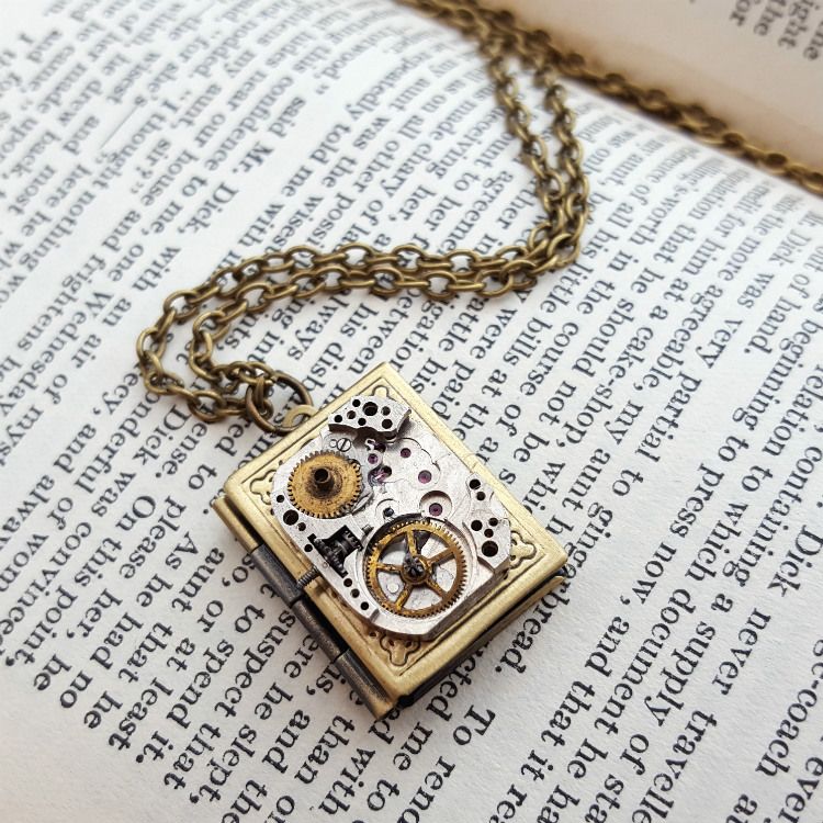 Brass book locket with watch movement steampunk necklace SN128