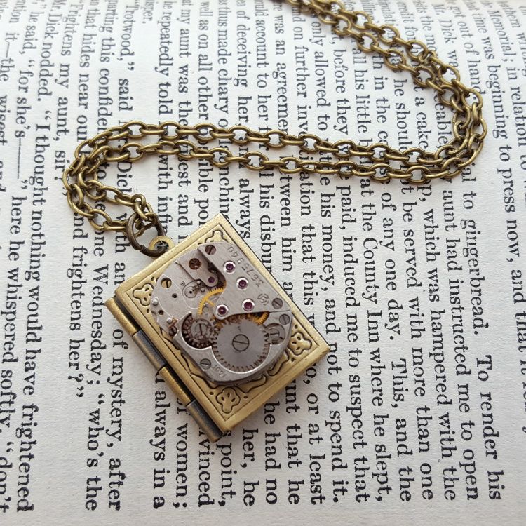 Watch movement and brass book locket steampunk necklace SN129