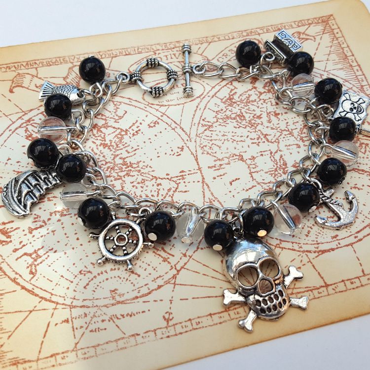 Pirate charm bracelet - black beads and silver charms PCB111