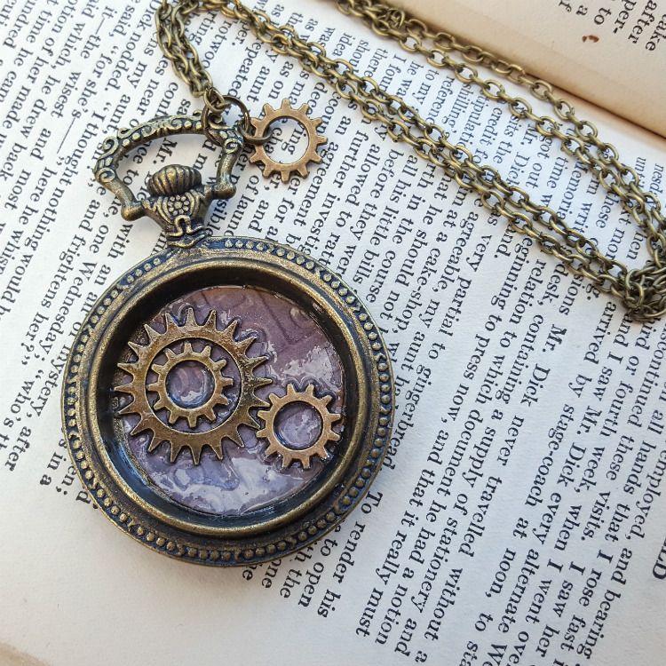 Steampunk pocket watch charm with cogs vintage style necklace SN133
