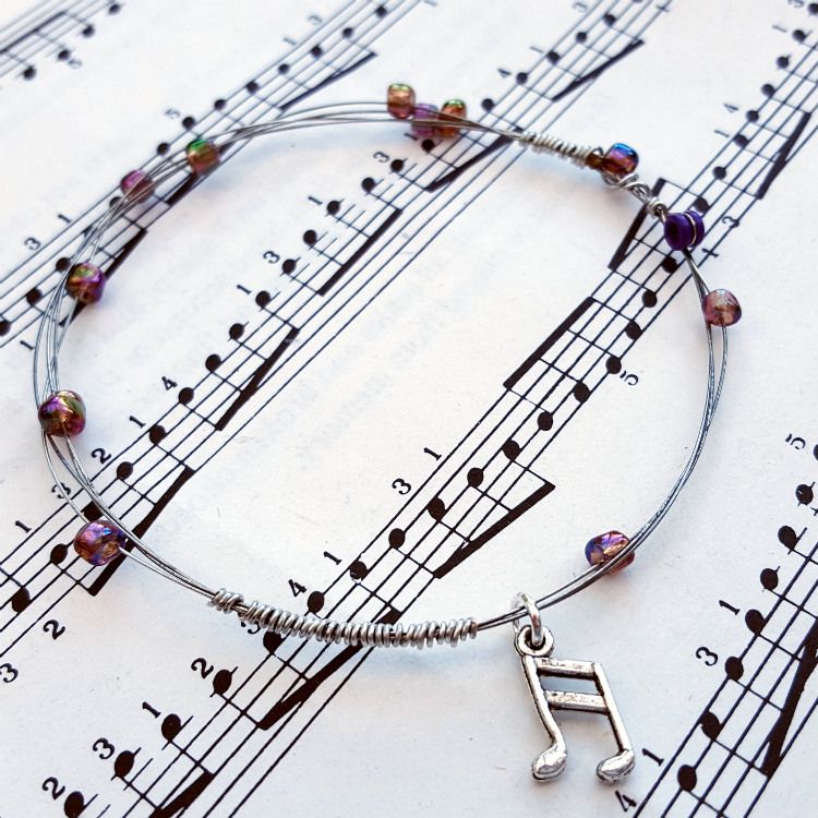 Guitar string bracelet with purple beads & music note charm Size XS GSB009