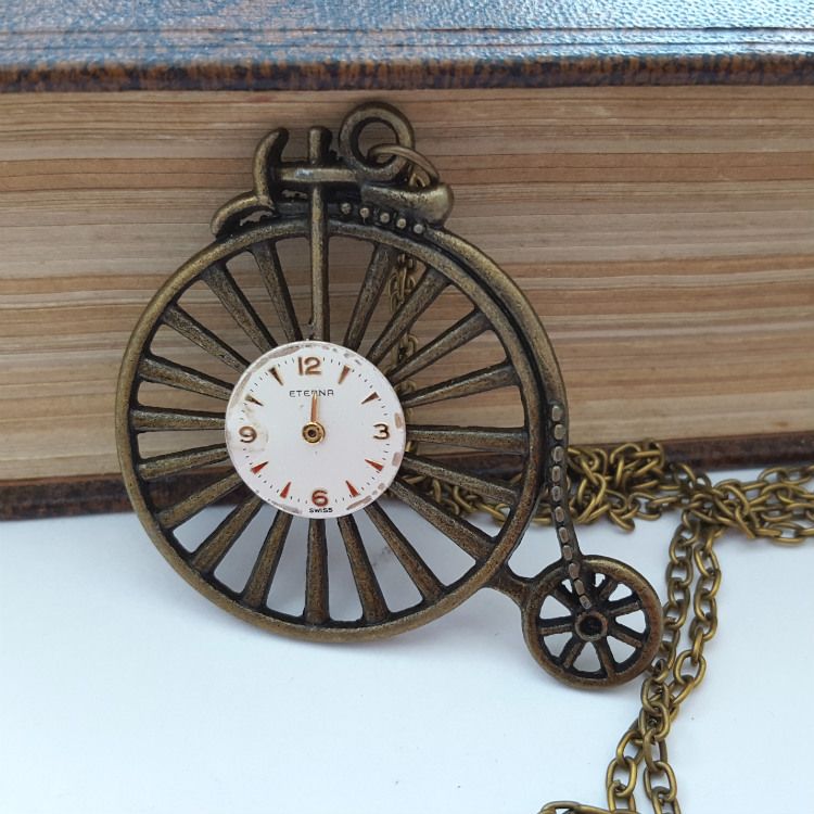Steampunk vintage bronze Penny Farthing & watch face necklace SN136