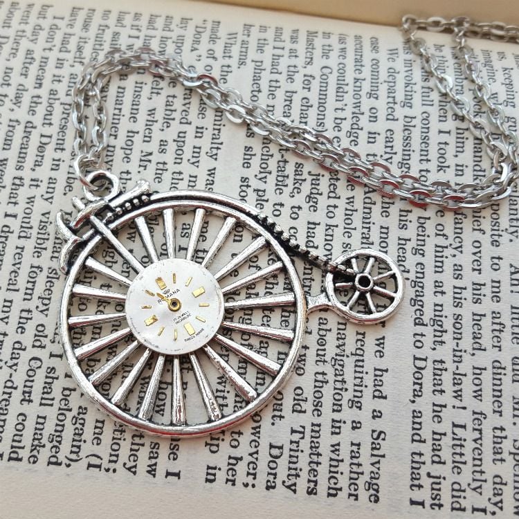 Steampunk vintage silver Penny Farthing & watch face necklace SN137