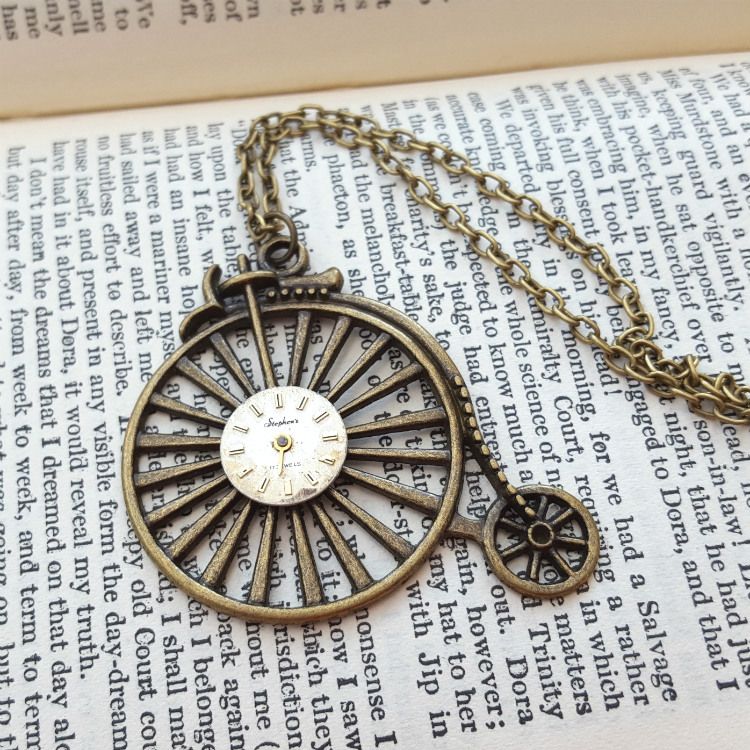 Steampunk vintage bronze Penny Farthing & watch face necklace SN138