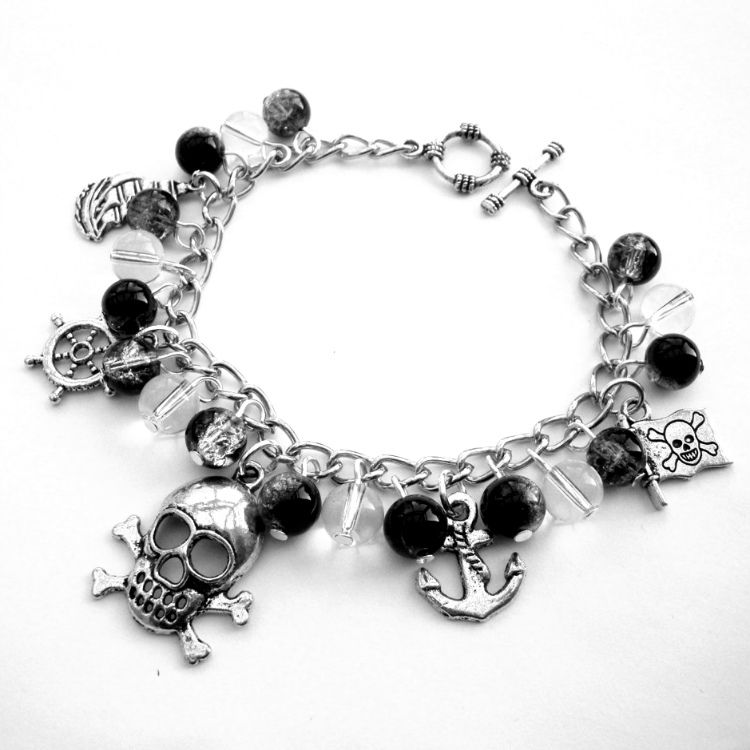 Pirate charm bracelet with black & clear beads and silver charms PCB111