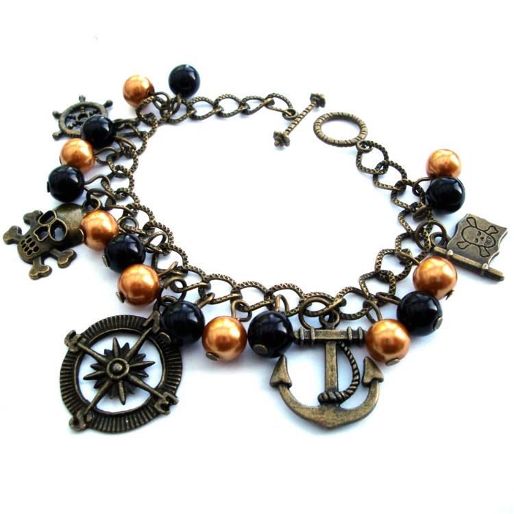 Pirate charm bracelet with black beads and bronze charms PCB114