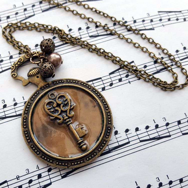 Steampunk pocket watch charm with key, vintage style necklace SN139