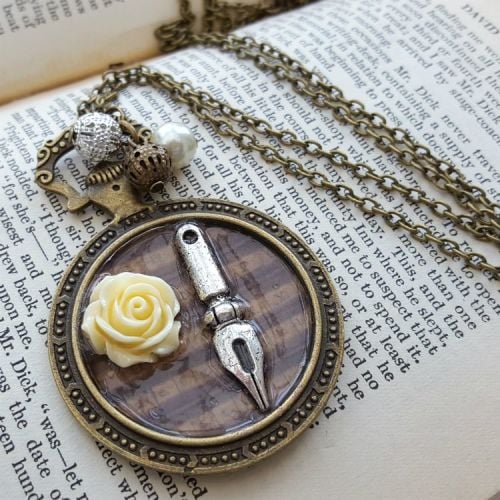 Steampunk pocket watch charm with pen nib and rose, vintage style necklace