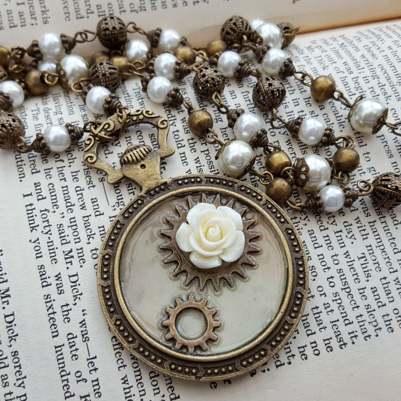 Steampunk necklace - pocket watch charm with cogs & rose on beaded chain SN