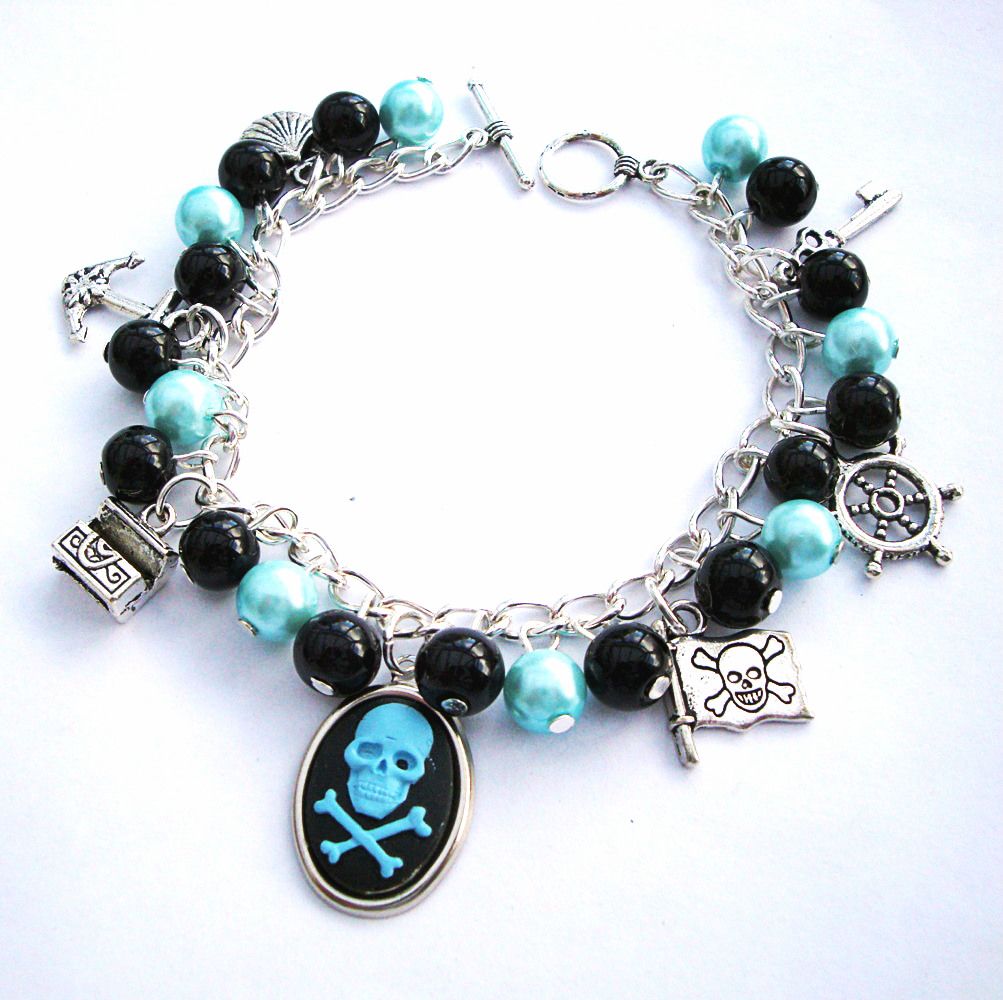 Pirate charm bracelet with cameo, blue and black beads PCB110