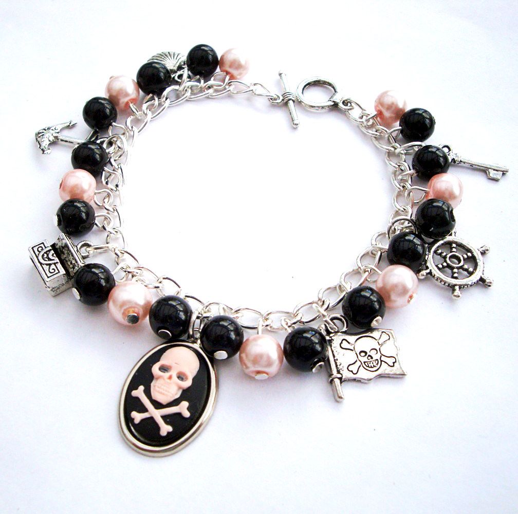 Pirate charm bracelet with cameo, pink and black beads PCB108