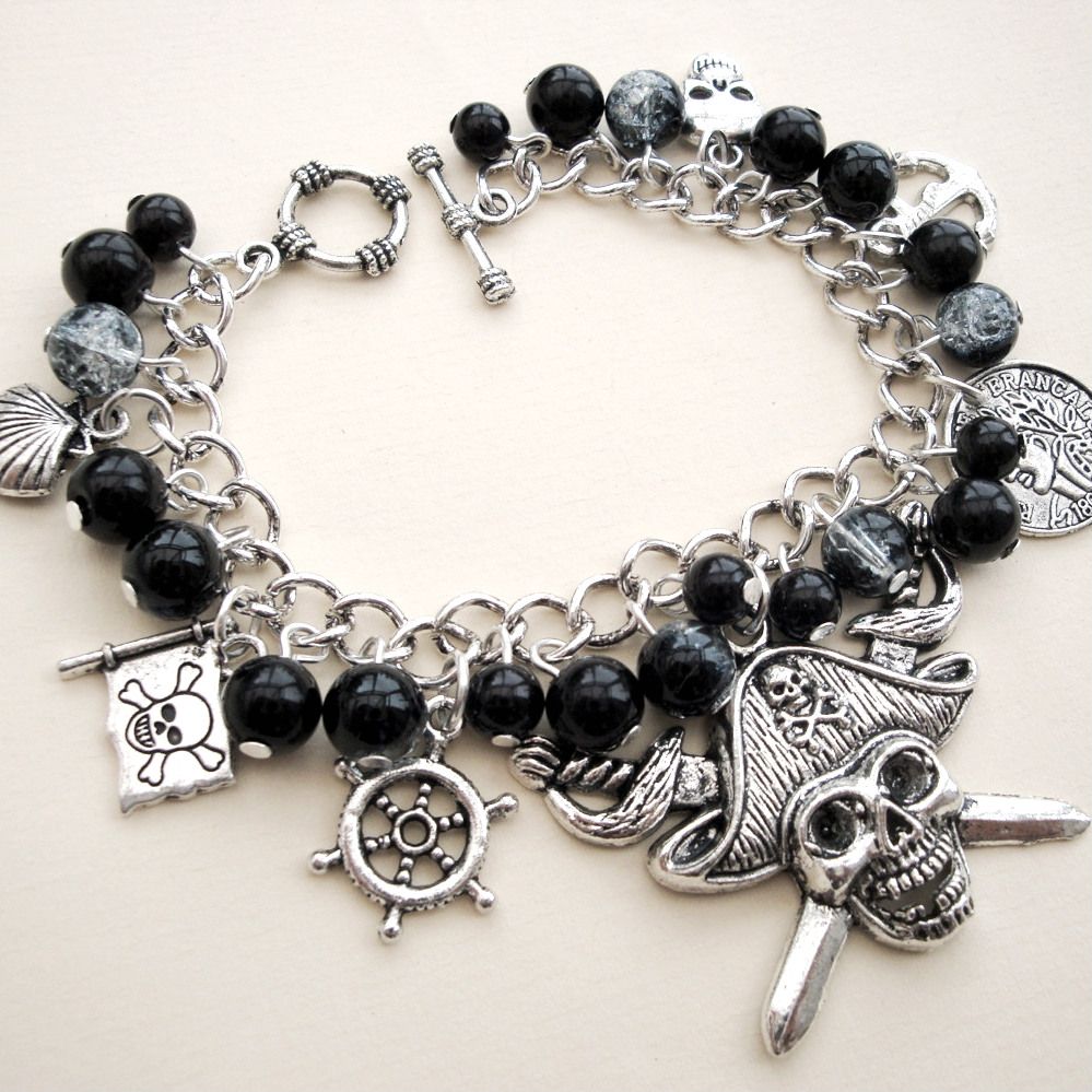 Pirate charm bracelet with black beads PCB104