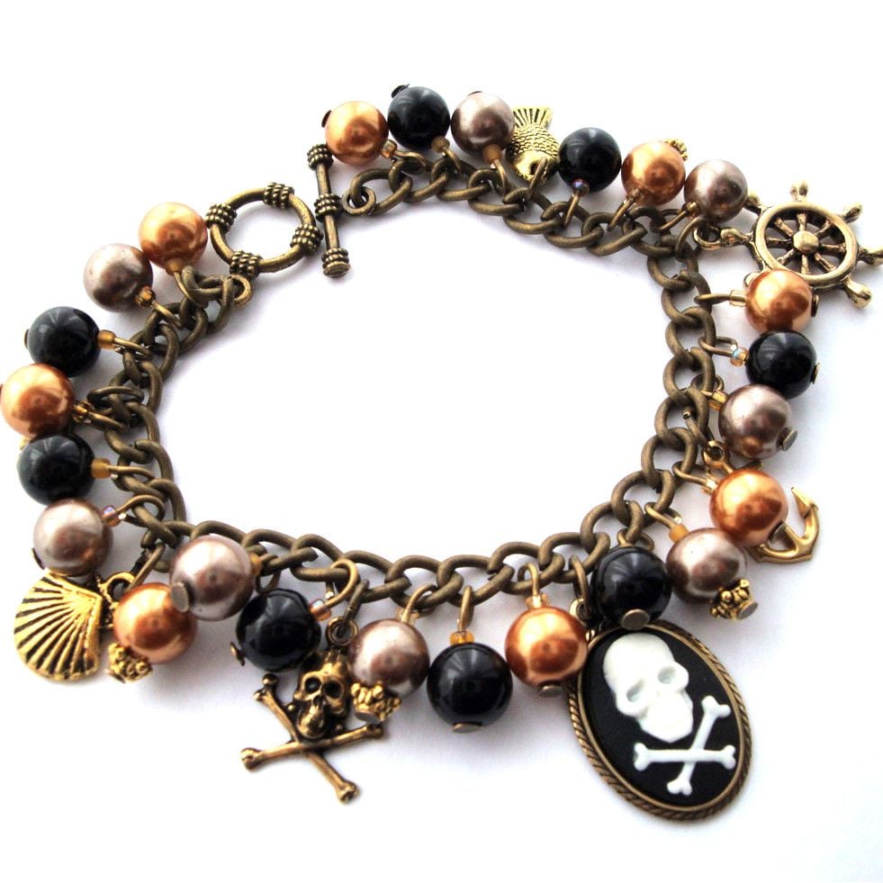 PCB091 Brown & bronze pirate cameo charm bracelet