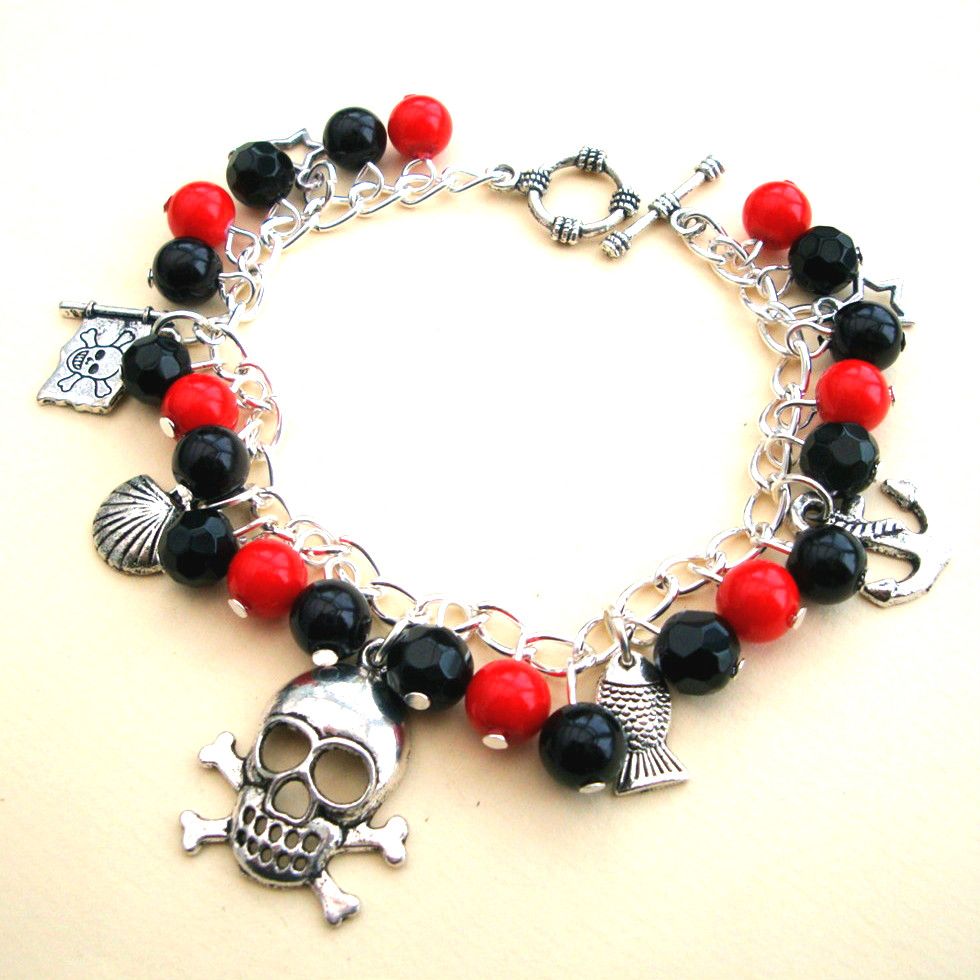 PCB075 Red & Black pirate charm bracelet