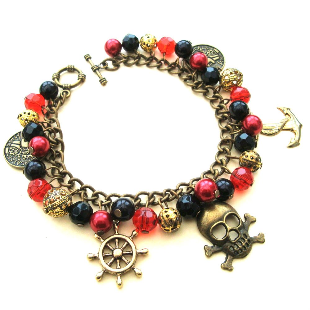 Pirate charm bracelet in red, black and gold PCB080