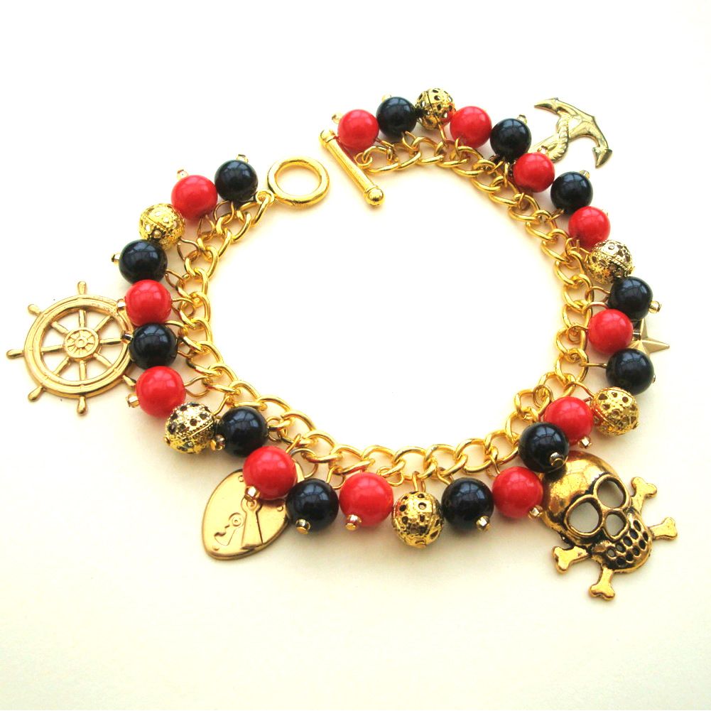 PCB079 Black, red & gold pirate charm bracelet