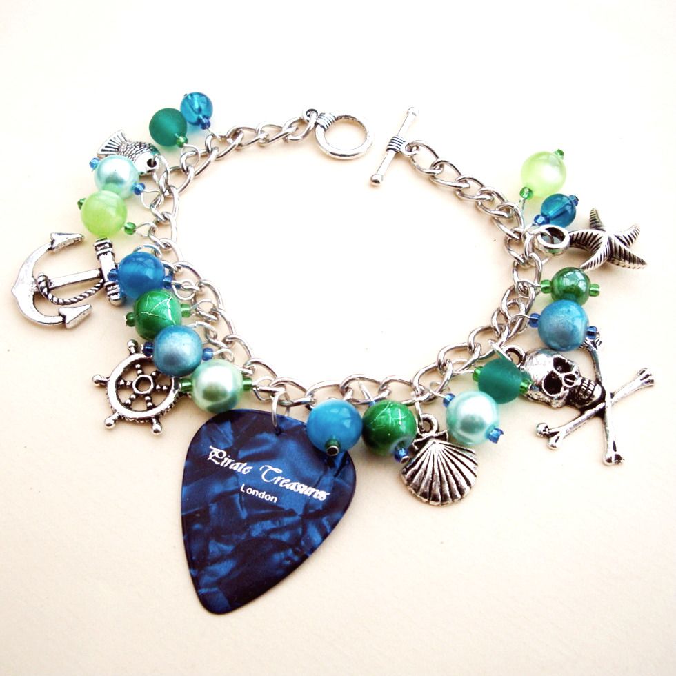 PCB056 Blue & green plectrum pirate charm bracelet