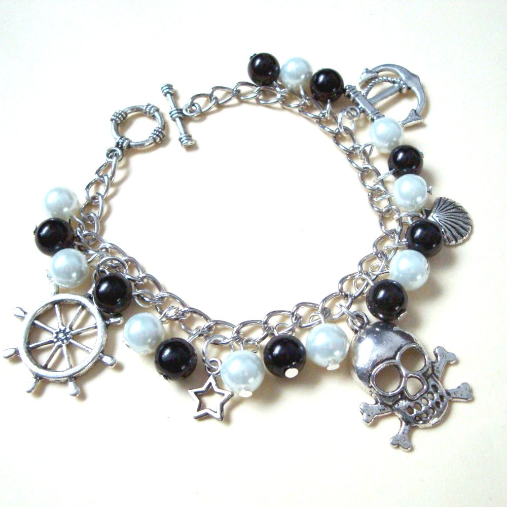 PCB046 Silver charms & pearl pirate bracelet