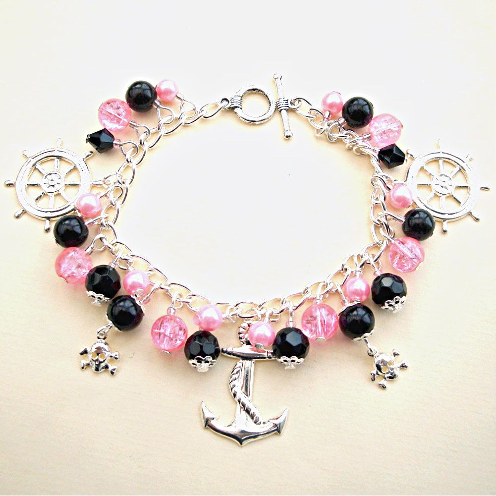 PCB030 Pretty Pirate pink & black charm bracelet