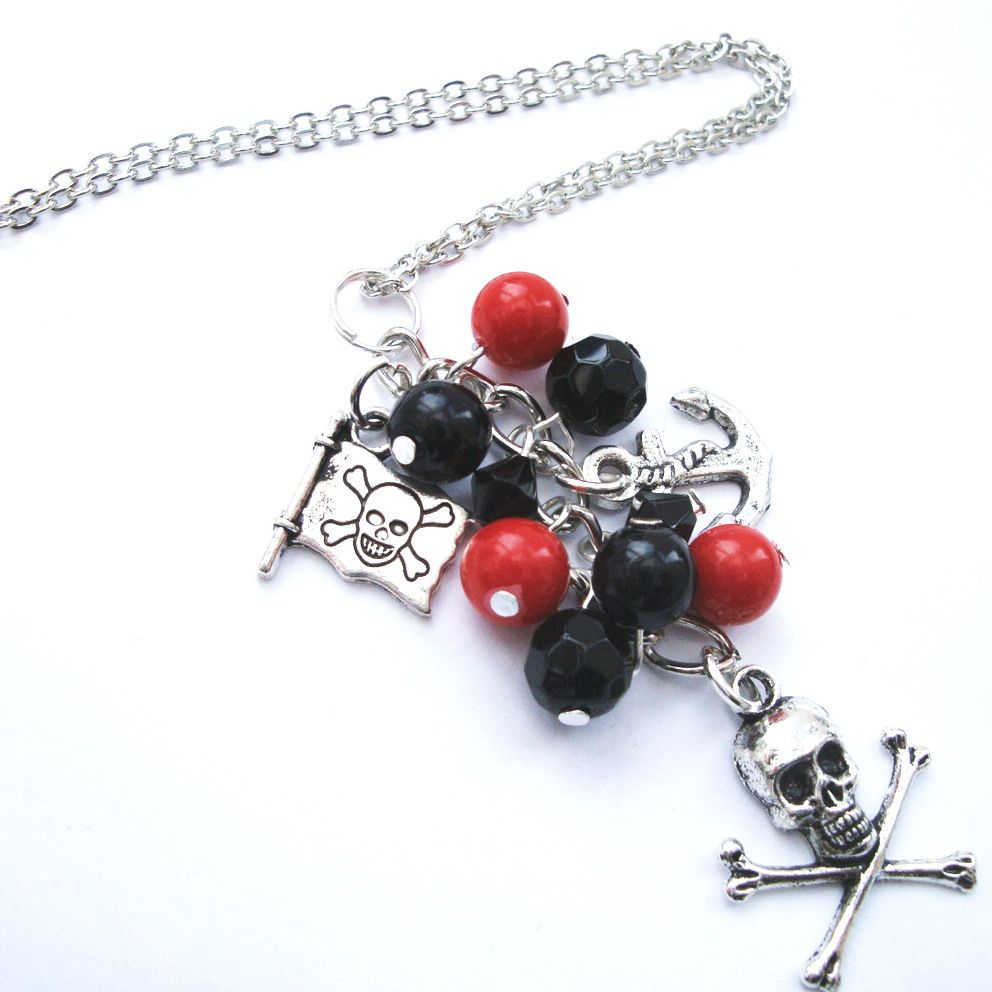 PN108 Pirate charm necklace with red and black beads