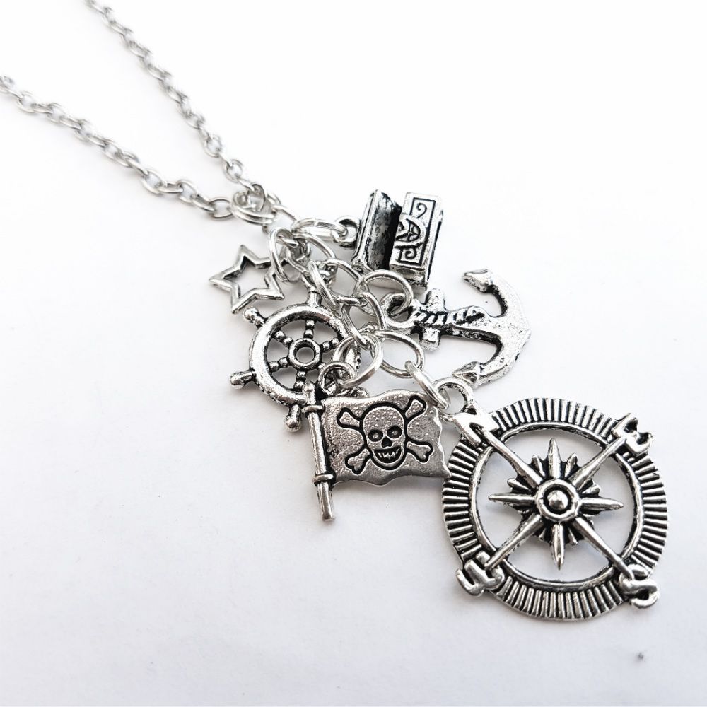 Pirate charm necklace with silver compass, anchor and treasure chest 