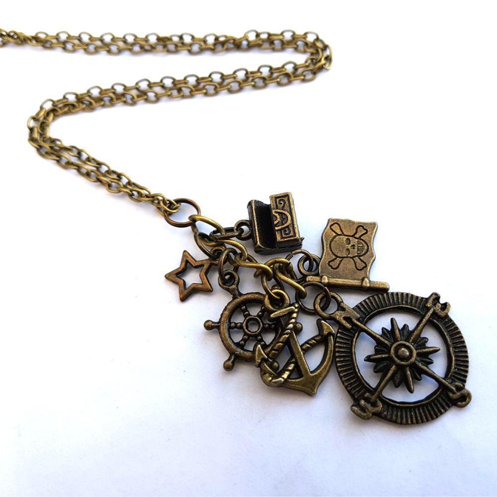 Pirate charm necklace with antique bronze compass, anchor and treasure ches