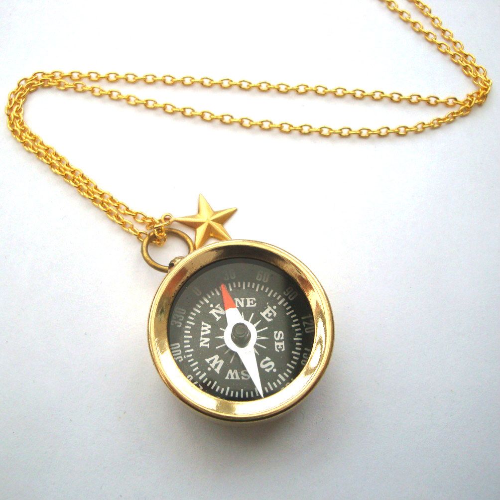 Brass compass necklace on gold chain PN145