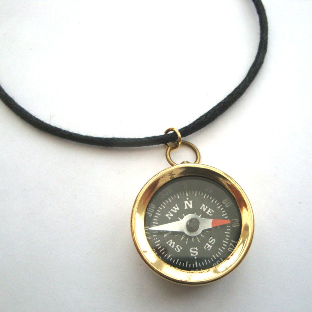 PN110 Pirate brass compass on cord necklace